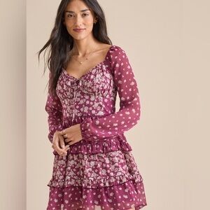 NWT Altar’d State | Women’s plum Theresa tiered white floral lined mini dress, L